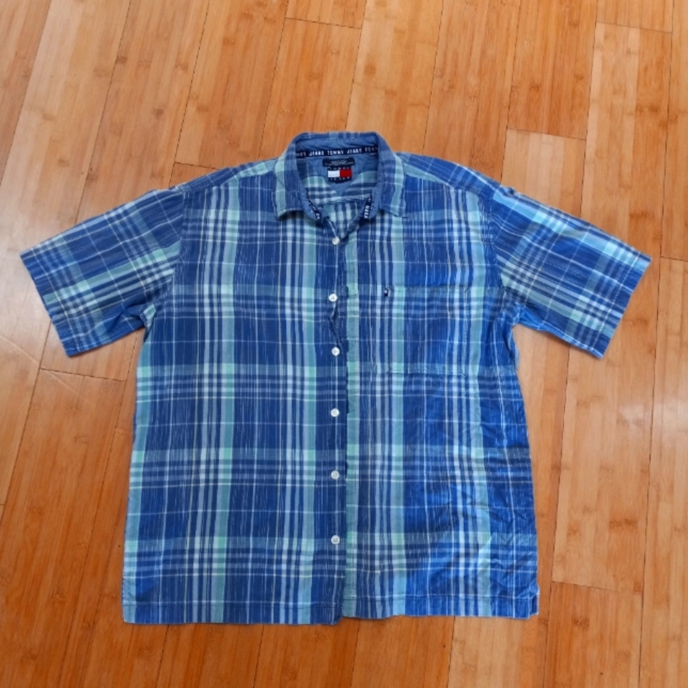Blue collared button up Tommy Jeans shirt. XL